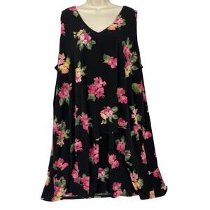 Susan Graver Liquid Knit Dress Womens 3X PETITE Black Dark Floral Layered Midi